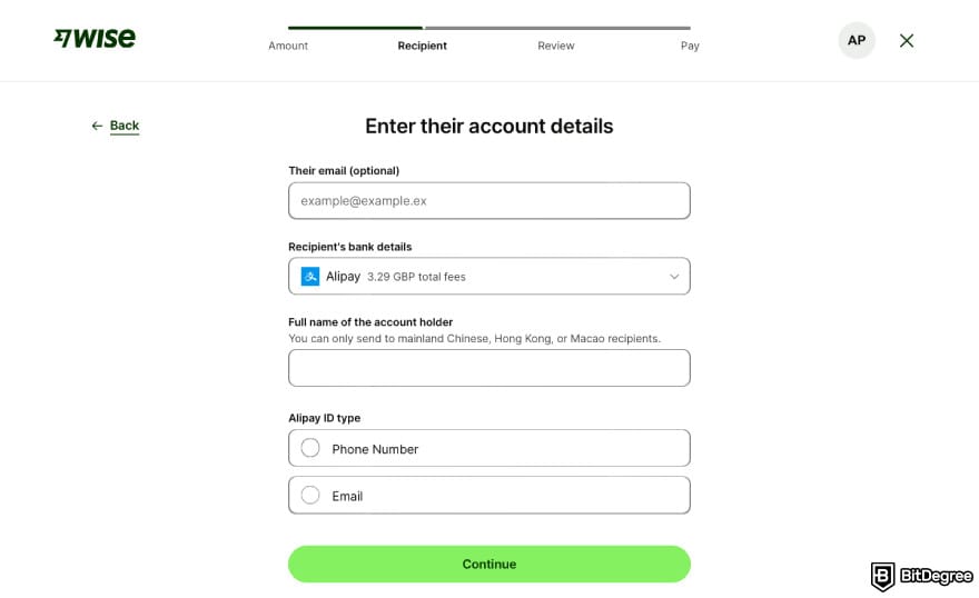 Best way to send money to China: enter your recipient's Alipay details.