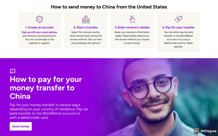 Best way to send money to China: a screenshot of WorldRemit features.