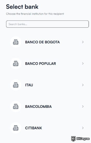 Best way to send money to Colombia: select destination bank.