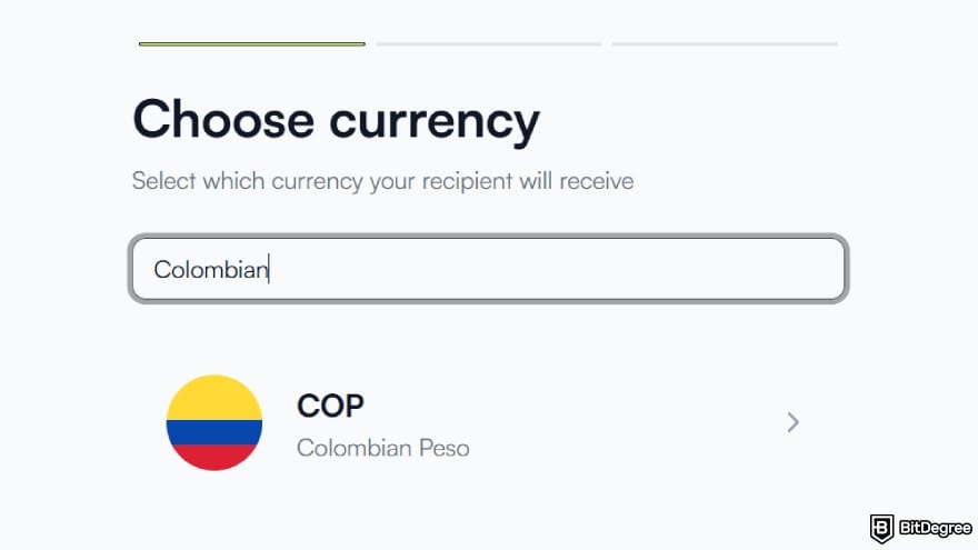 Best way to send money to Colombia: search and pick Colombian Peso from the list.