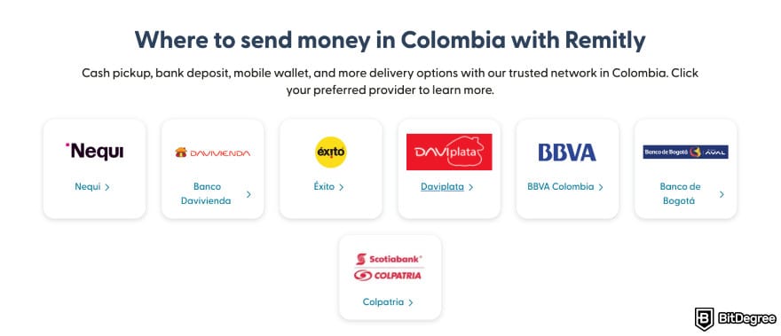 Best way to send money to Colombia: some of the supported Remitly's delivery options to Colombia.
