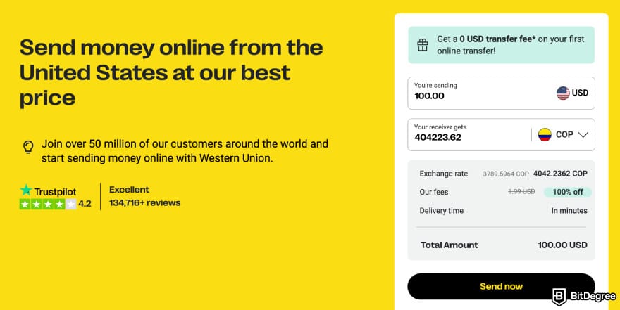 Best way to send money to Colombia: Western Union's money transfer interface.