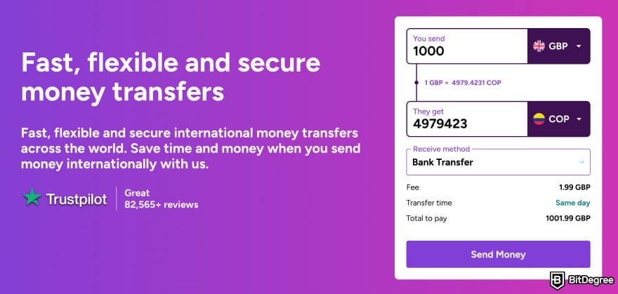 Best way to send money to Colombia: WorldRemit money transfer interface.