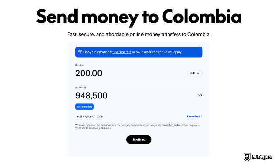 Best way to send money to Colombia: the interface for sending money to Colombia using Xoom.