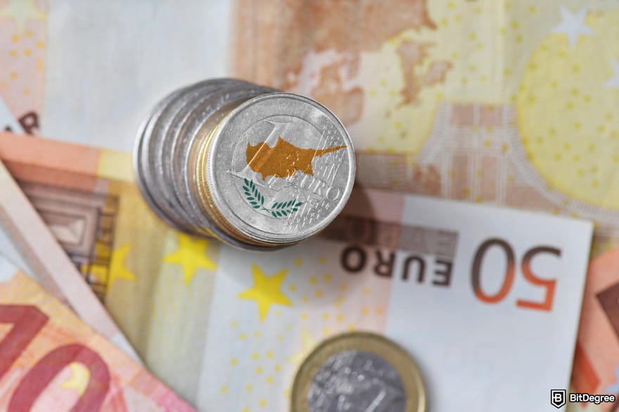Best way to send money to Cyprus: EUR bills and coins with Cyprus map.