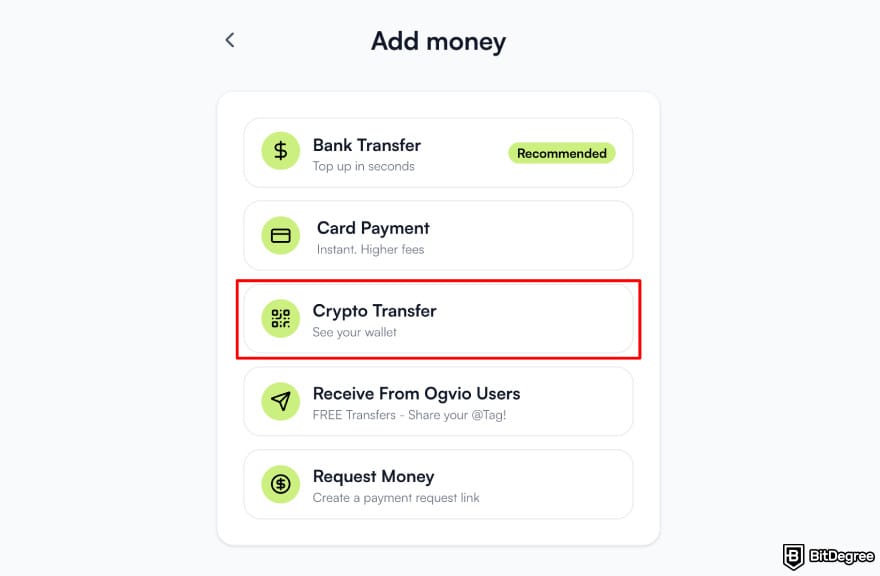 Best way to send money to Cyprus: Ogvio add money page highlighting the [Crypto Transfer] option.