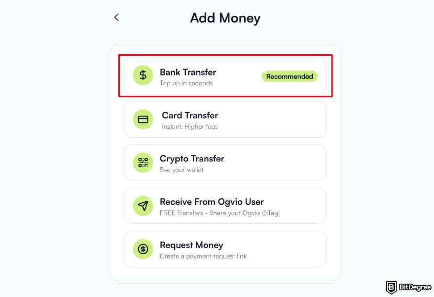 Best way to send money to Cyprus: Ogvio add money page highlighting the [Bank Transfer] option.