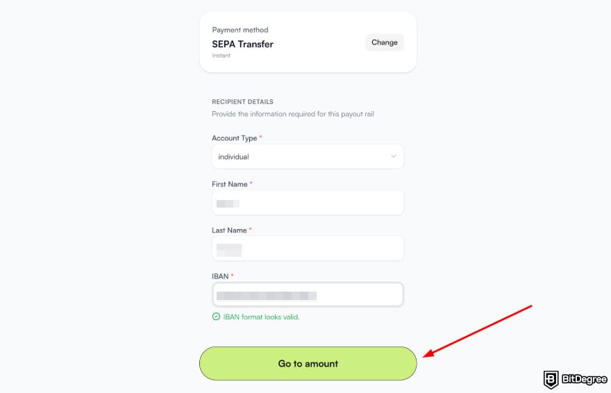 Best way to send money to Cyprus: Ogvio send money SEPA transfer showing recipient details.