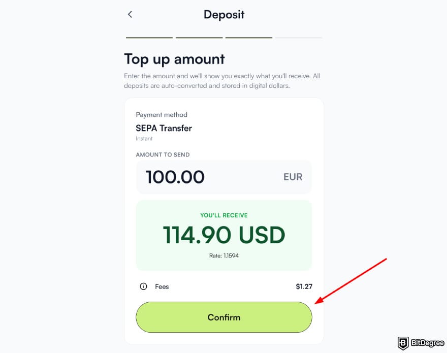 Best way to send money to Cyprus: Ogvio deposit confirmation page.