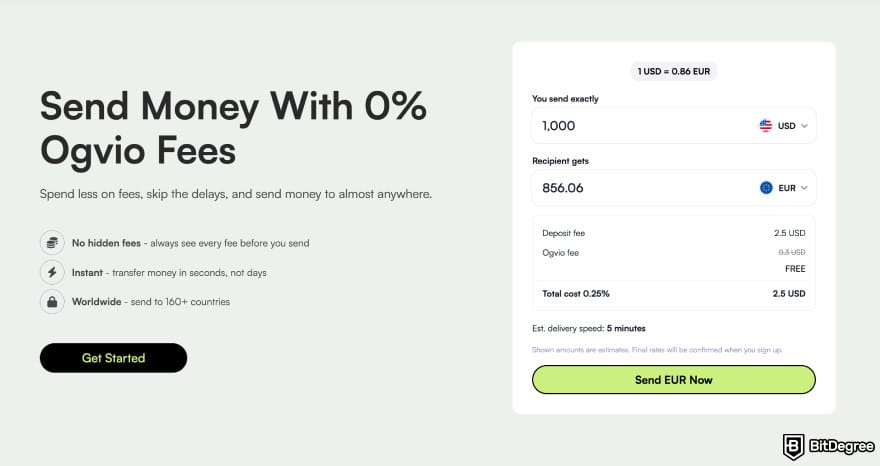 Best way to send money to Cyprus: Ogvio homepage zero fees section.