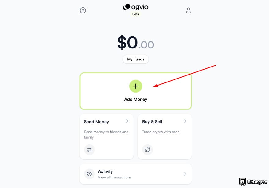Best way to send money to Cyprus: Ogvio main page highlighting the [Add Money] button.