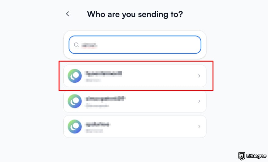 Best way to send money to Cyprus: Ogvio send money to Ogvio user highlighting the name search.