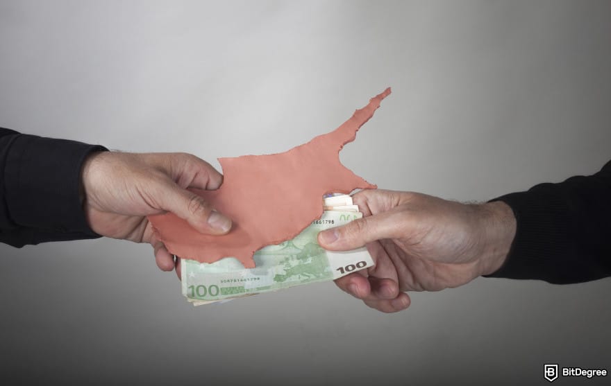 Best way to send money to Cyprus: two hands holding money and Cyprus map to illustrate sending money to Cyprus.