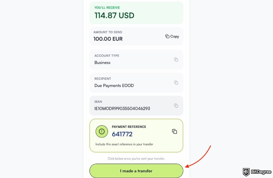 Best way to send money to Dominican Republic: a red arrow pointing to the [I made a transfer] button on Ogvio.