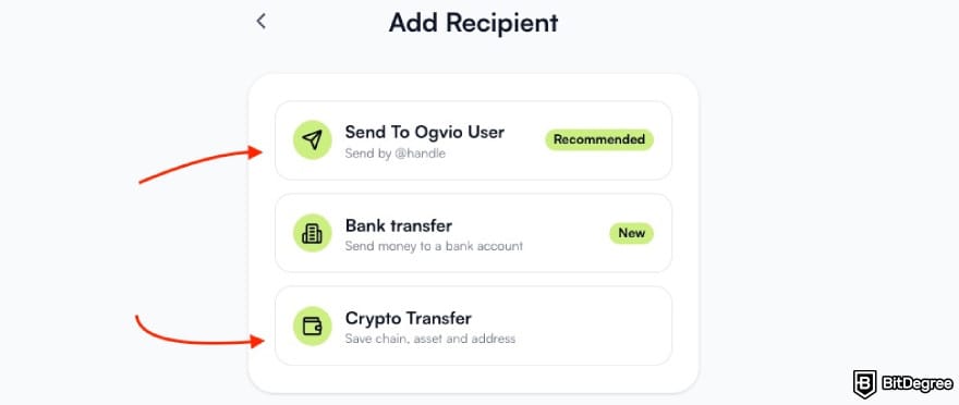 Best way to send money to Dominican Republic: one red arrow pointing to the [Send To Ogvio User] button, the other to [Crypto Transfer].