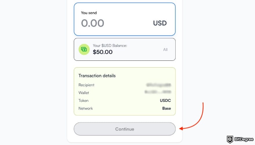 Best way to send money to Dominican Republic: a red arrow pointing to the [Continue] button.