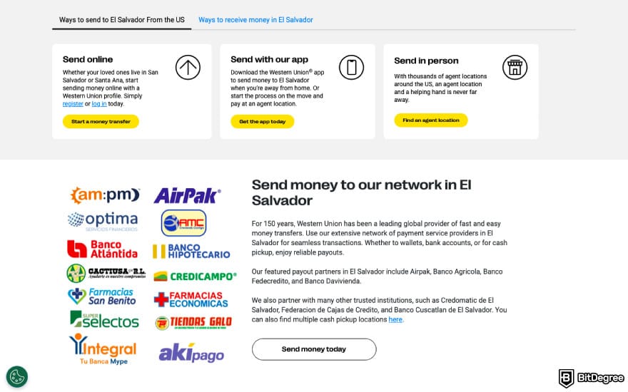 Best way to send money to El Salvador: a screenshot of Western Union features.
