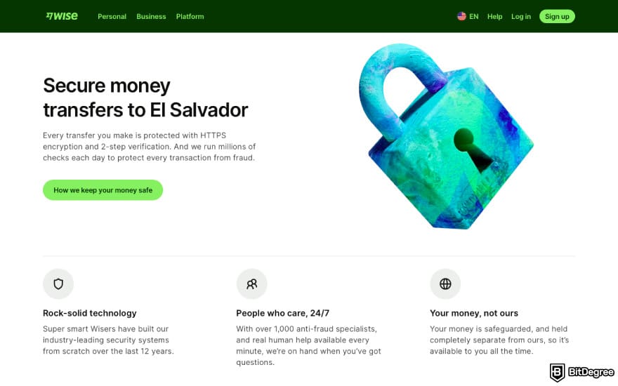 Best way to send money to El Salvador: a screenshot of Wise features.