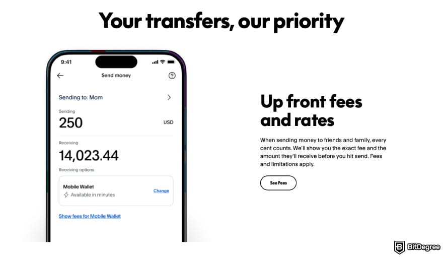 Best way to send money to El Salvador: a screenshot of Xoom features.