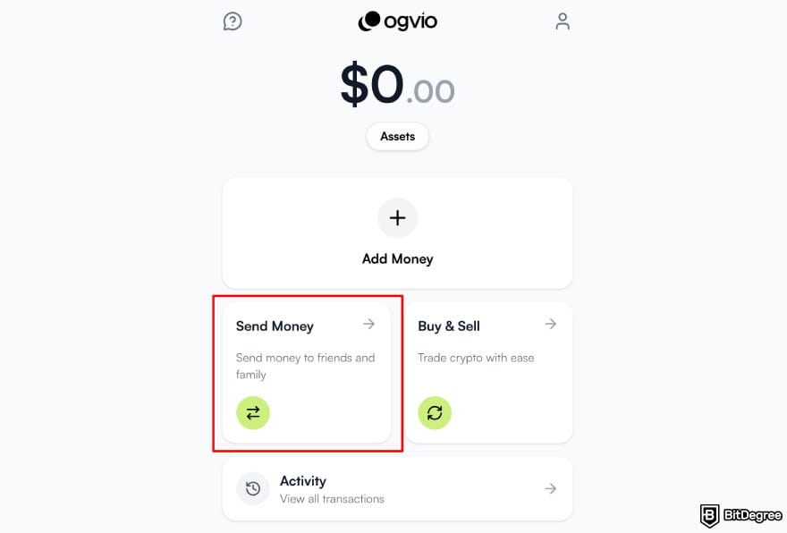 Best way to send money to Europe: Ogvio main page highlighting the [Send Money] option.