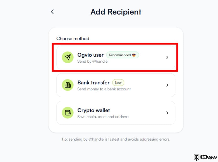 Best way to send money to France: the [Ogvio user] option when adding a recipient on Ogvio.