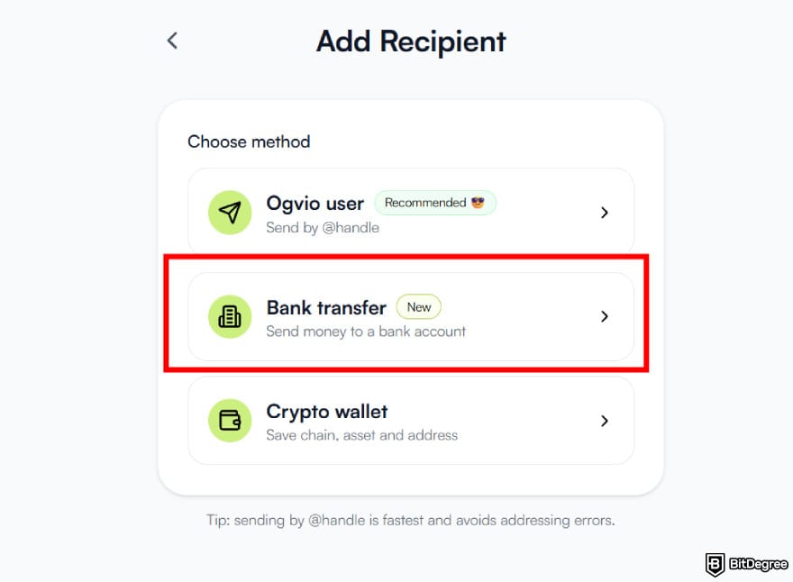Best way to send money to France: selecting [Bank transfer] as a transfer method on Ogvio.