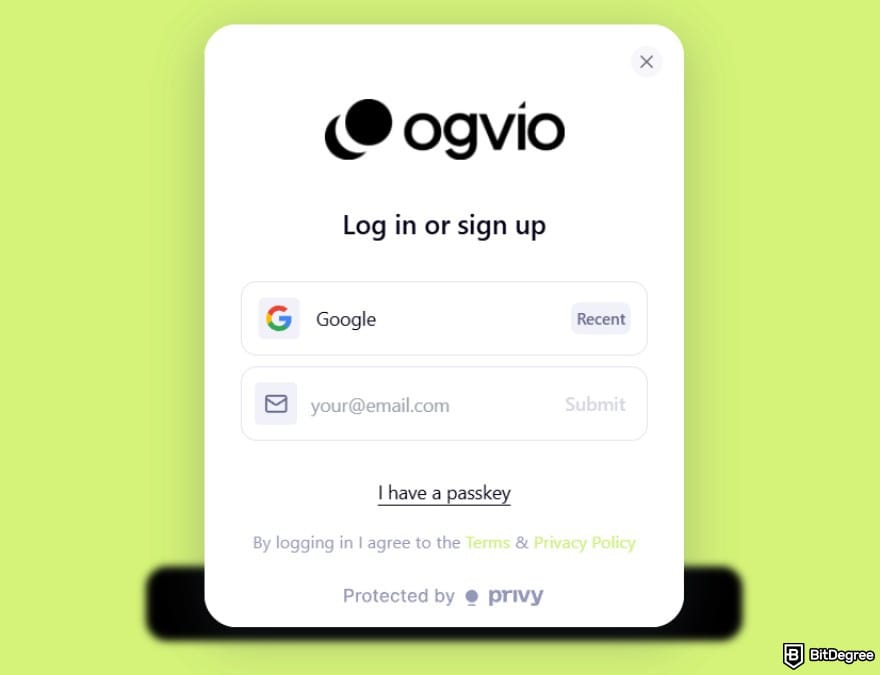 Best way to send money to France: Ogvio's login or sign up screen.