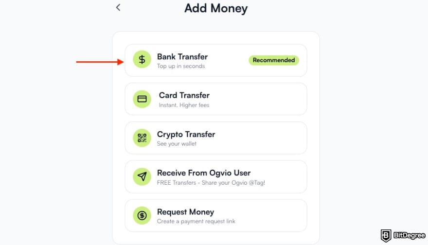 Best way to send money to France: a red arrow pointing to the [Bank Transfer] option on Ogvio.