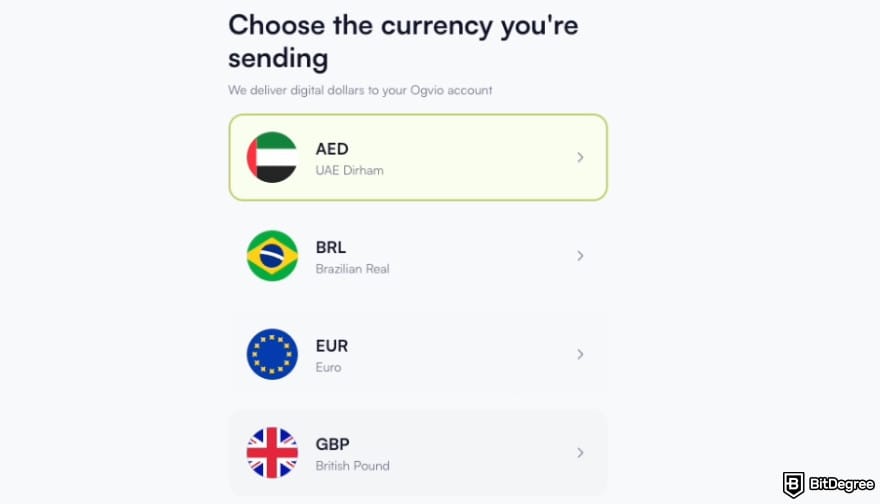 Best way to send money to France: Ogvio asking you to select top-up currency.