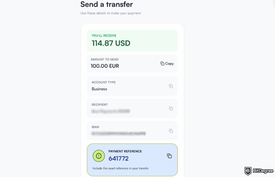 Best way to send money to France: Ogvio providing the user with bank details.
