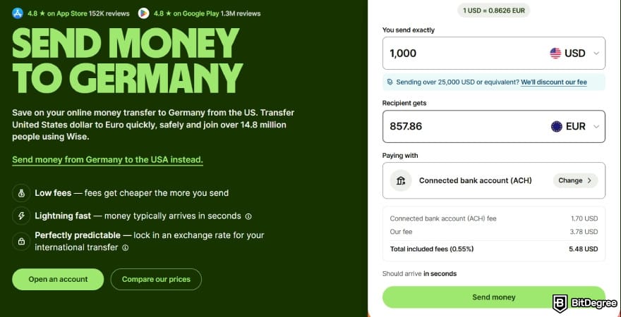 Best way to send money to Germany: sending money to Germany via Wise's bank transfer.