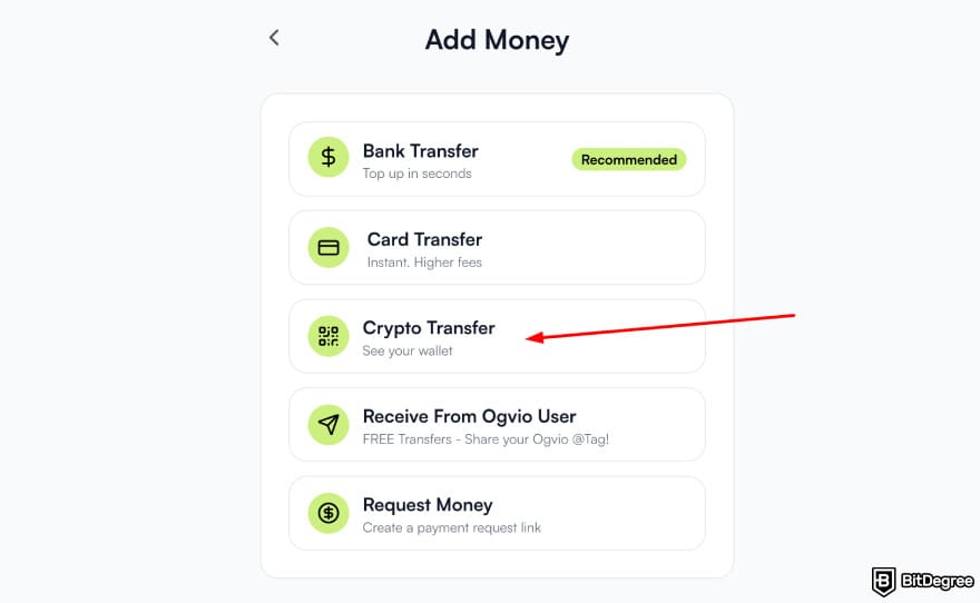 Best way to send money to Greece: Ogvio add money highlighting crypto transfer option.