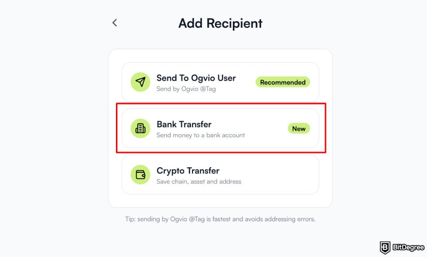Best way to send money to Greece: Ogvio add recipient for bank transfer.