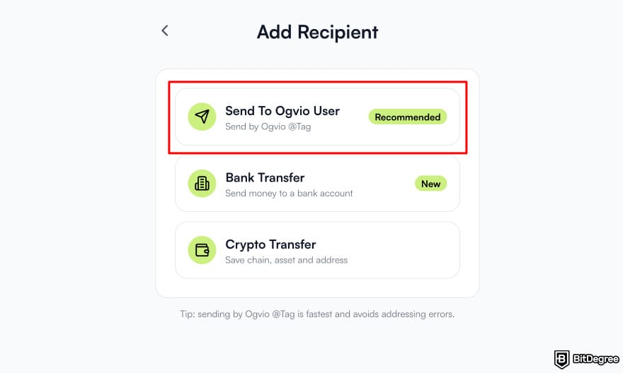 Best way to send money to Greece: Ogvio add recipient highlighting Ogvio user option.