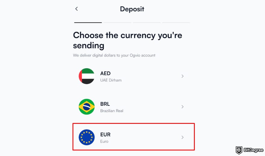 Best way to send money to Greece: Ogvio deposit money highlighting EUR for currency.
