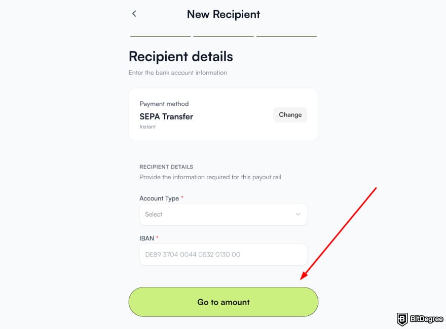 Best way to send money to Greece: Ogvio bank transfer recipient details page.
