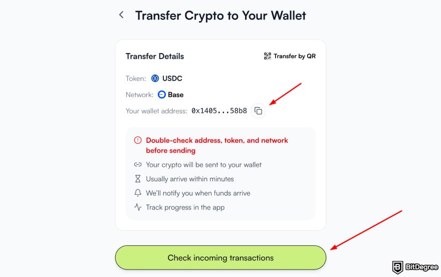 Best way to send money to Greece: Ogvio transfer to crypto wallet page.
