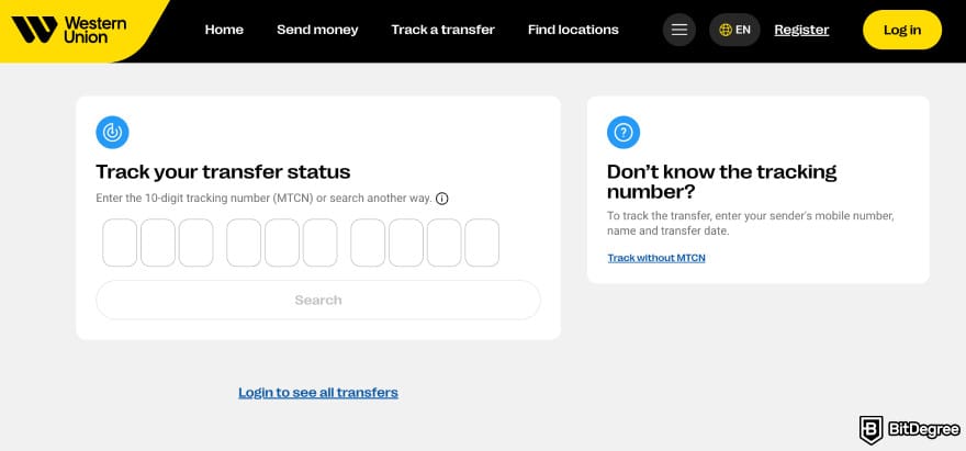 Best way to send money to Greece: Western Union transfer tracker page.