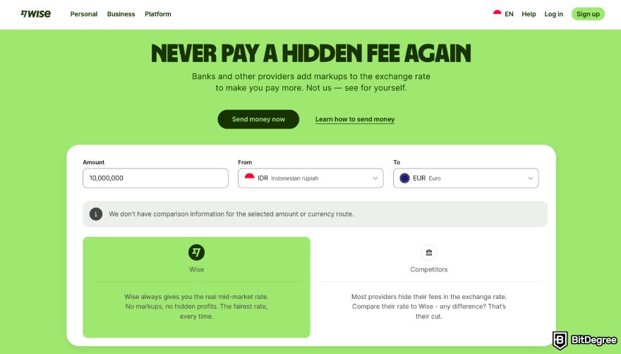 Best way to send money to Greece: Wise homepage on fees.