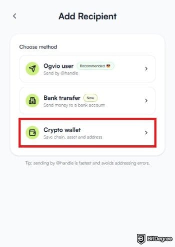 Best way to send money to Indonesia: a list of options to add a new recipient on Ogvio with the Crypto wallet menu highlighted.