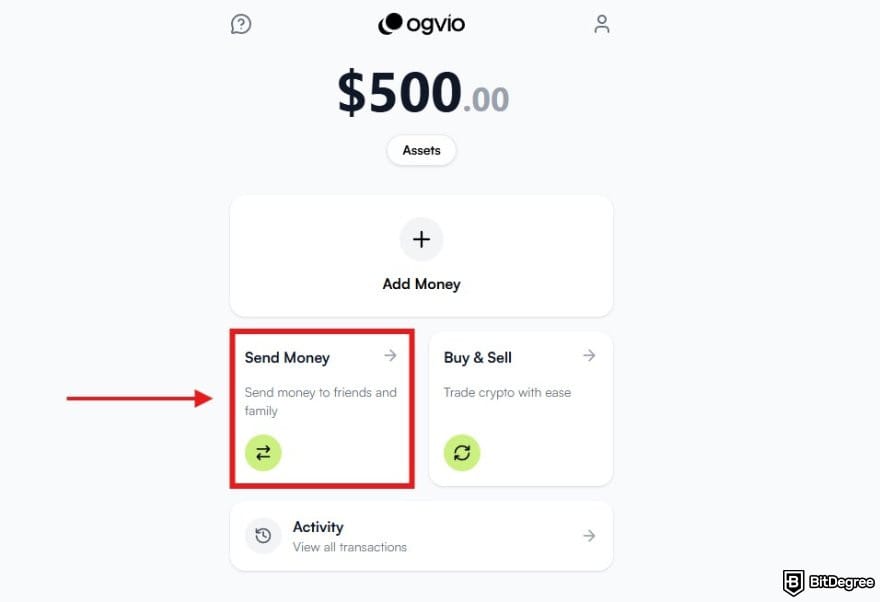 Best way to send money to Indonesia: Ogvio's main dashboard with the Send Money menu highlighted.