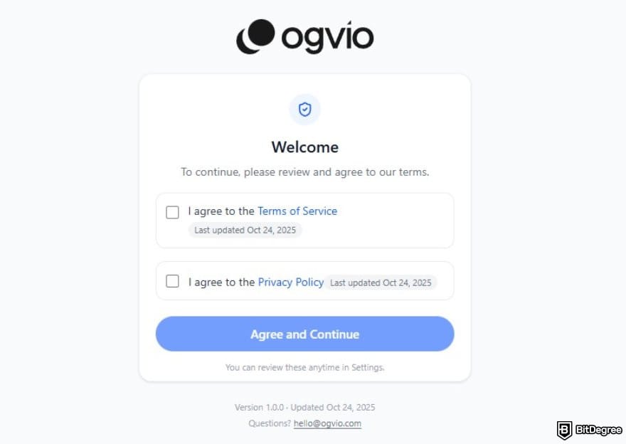 Best way to send money to Indonesia: Ogvio's Terms of Service and Privacy Policy agreement page.