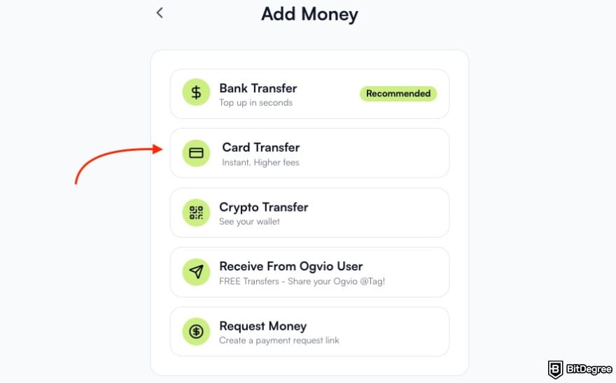 Best way to send money to Indonesia: a red arrow pointing to the [Card Transfer] option on Ogvio.