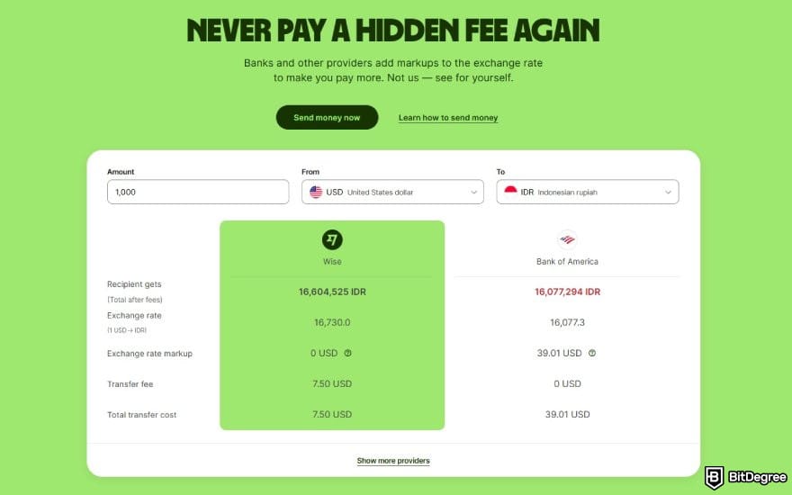 Best way to send money to Indonesia: comparison table between Wise's and Bank of America's fees.