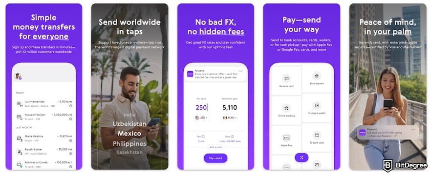 Best way to send money to Italy: screenshots of Paysend's mobile app interfaces.