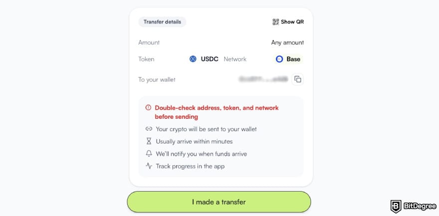 Best way to send money to Italy: Ogvio's interface showing your Base wallet address.