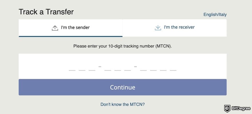 Best way to send money to Italy: tracking a transfer on the Western Union website.