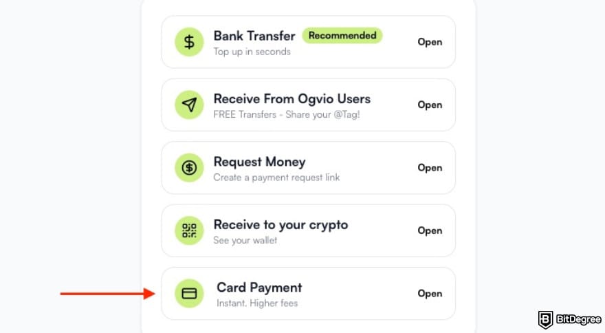 Best way to send money to Mexico: a red arrow pointing to the [Card Payment] option on Ogvio.