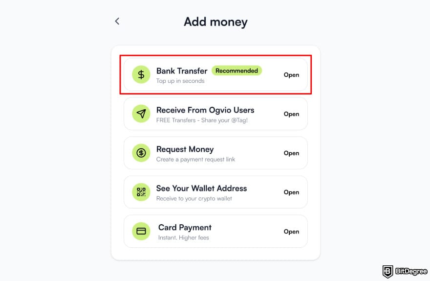 Best way to send money to Nigeria: Ogvio add money highlighting the [Bank Transfer] option.