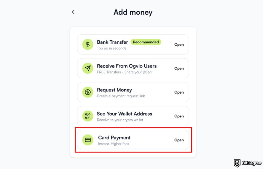 Best way to send money to Nigeria: Ogvio add money highlighting Card Payment option.